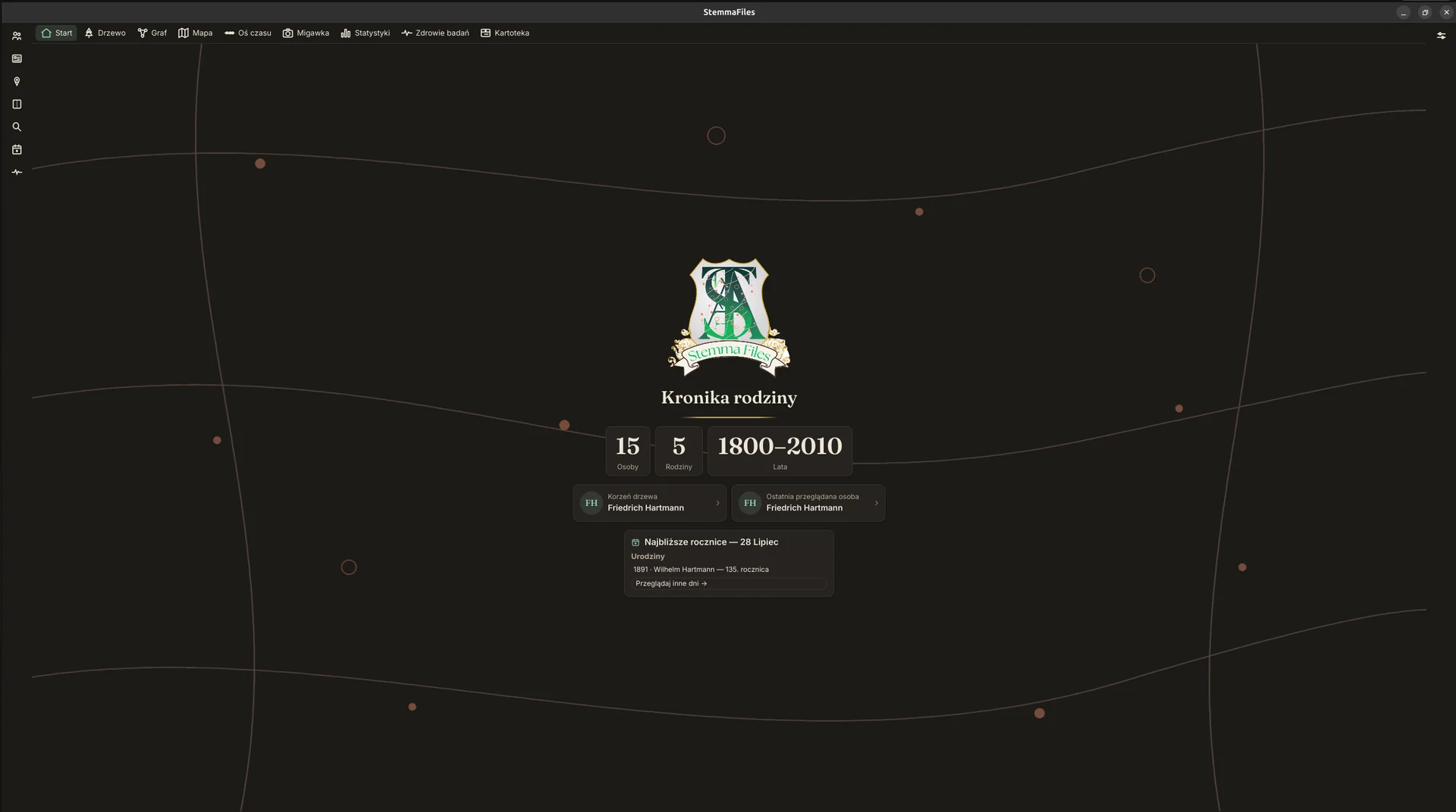 The home screen β a few numbers about your archive and the nearest anniversaries. Here it's Wilhelm's 135th birthday